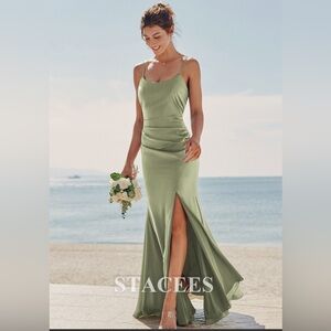 Satin Ruched Slip Wedding Dress in Sage Green